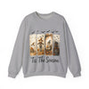 Gray sweatshirt with Halloween-themed design and 'Tis The Season text on a white background