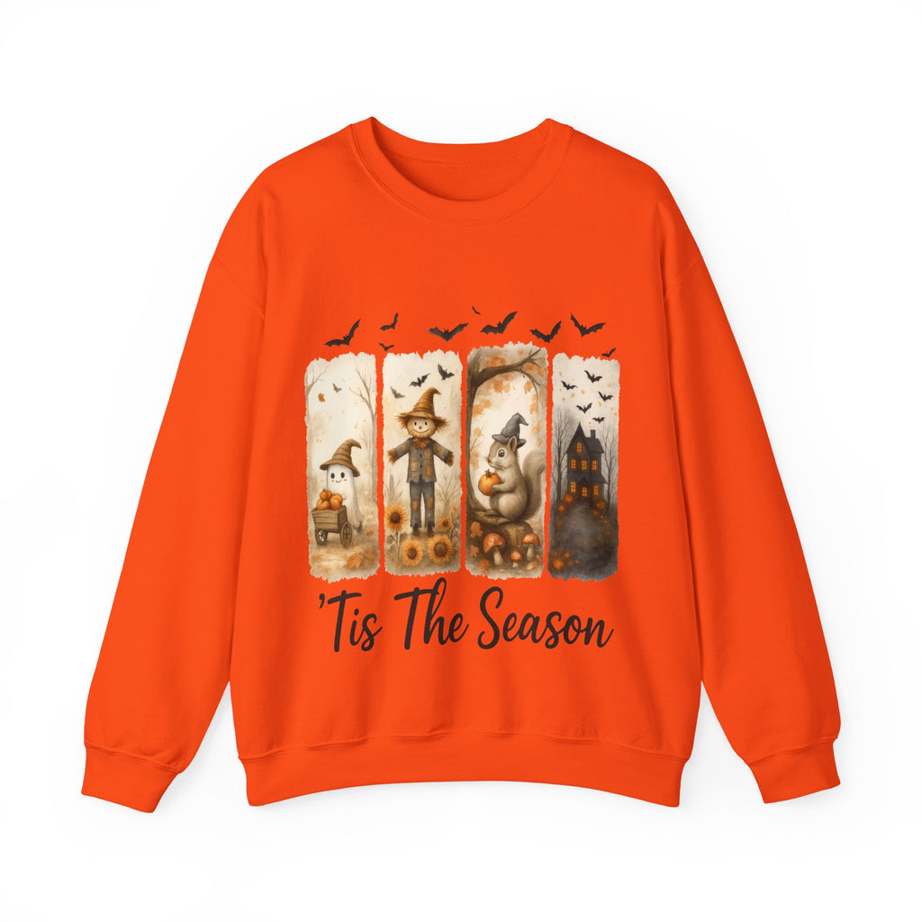 Orange sweatshirt with Halloween-themed design and 'Tis The Season text on a white background