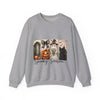 Gray sweatshirt with Halloween-themed design featuring a pumpkin, black cat, and ghost on a white background.