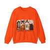 Orange sweatshirt with Halloween-themed design on a white background