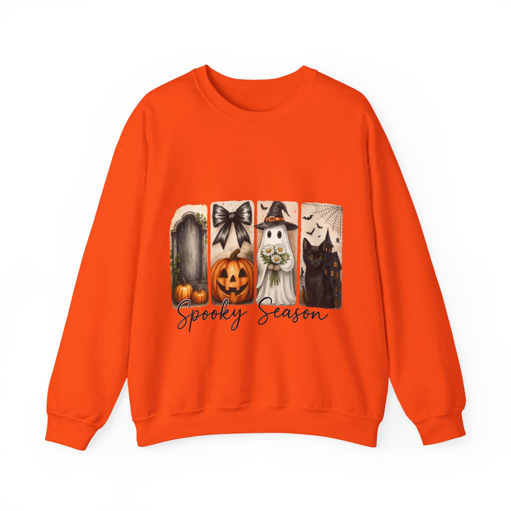 Orange sweatshirt with Halloween-themed design on a white background