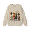 Beige sweatshirt with Halloween-themed design featuring a ghost, pumpkin, and black cat on a white background.