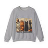 Gray sweatshirt with Halloween-themed design featuring pumpkins, a ghost, and a black cat on a white background.