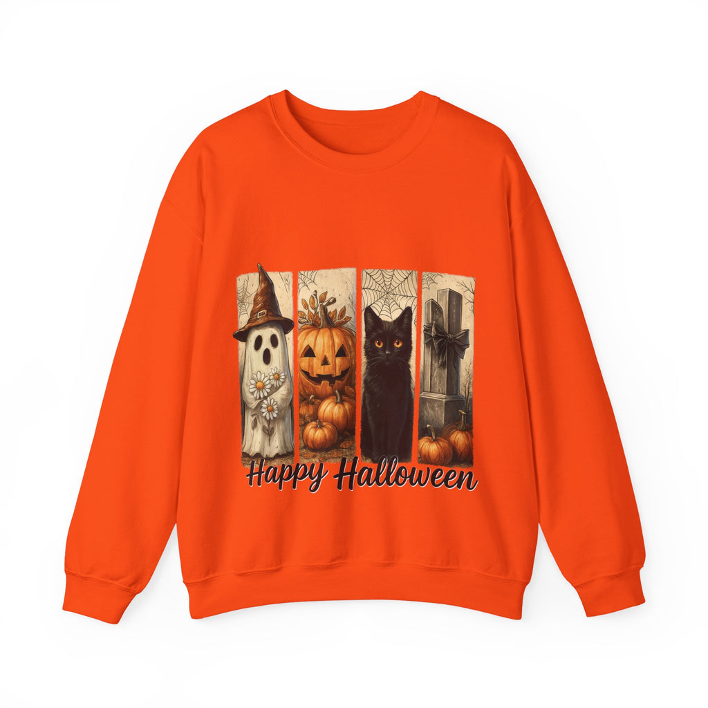 Orange sweatshirt with Halloween-themed design featuring a ghost, pumpkin, and black cat on a white background.