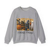 Gray sweatshirt with Halloween-themed design featuring a cat, ghost, and pumpkin on a white background.