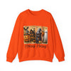 Orange sweatshirt with Halloween-themed design and 'Hocus Pocus' text on a white background