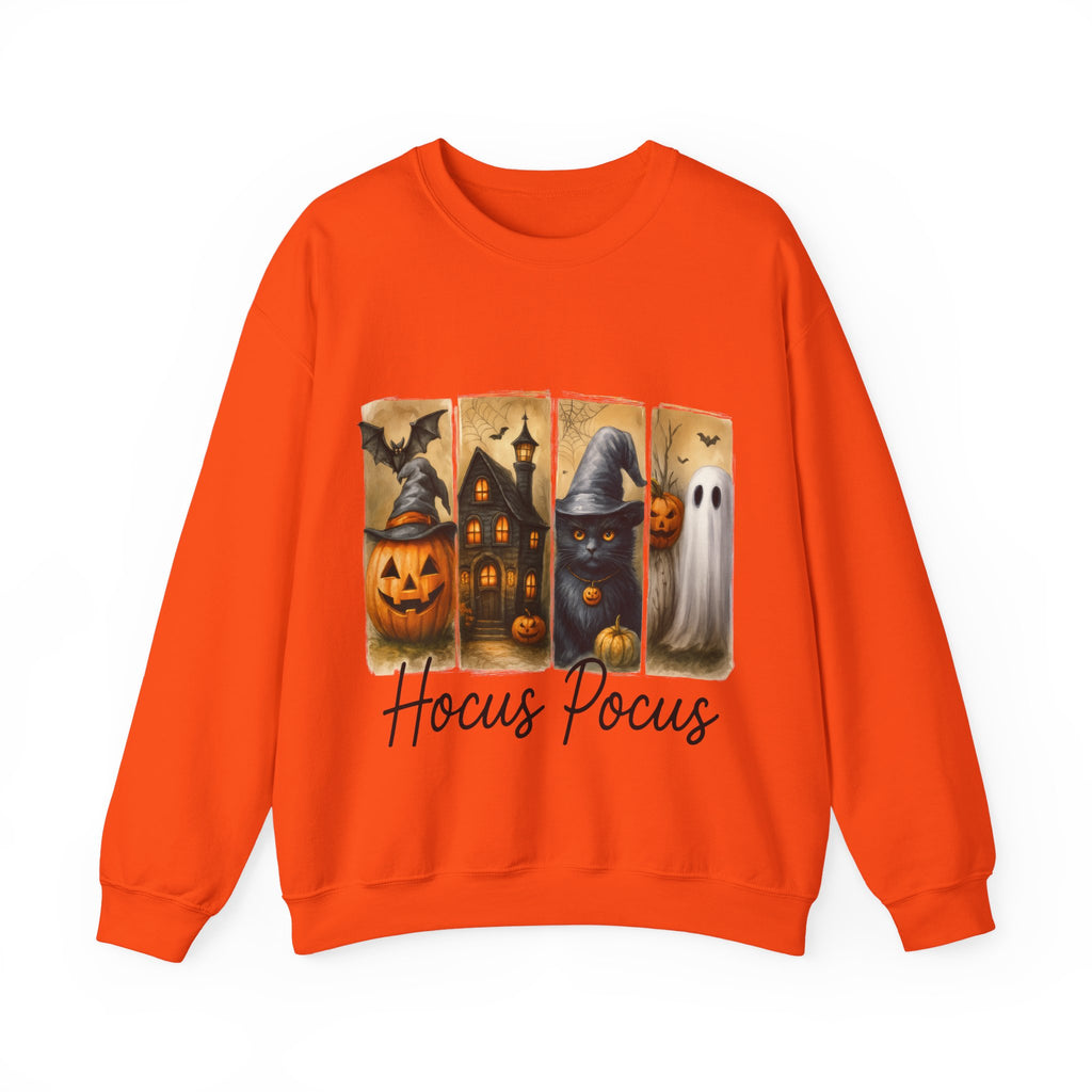 Orange sweatshirt with Halloween-themed design and 'Hocus Pocus' text on a white background