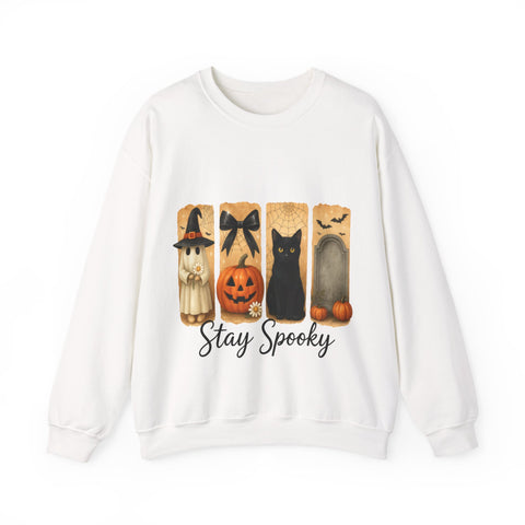 White sweatshirt with Halloween-themed design featuring a black cat, pumpkin, and scarecrow on a white background.