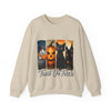 Beige sweatshirt with Halloween-themed design featuring a black cat, pumpkin, and ghost on a white background.