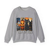 Gray sweatshirt with Halloween-themed design featuring a black cat, jack-o'-lantern, and haunted house with 'Treat Or Trick' text.