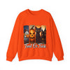 Orange sweatshirt with Halloween-themed design featuring a black cat, pumpkin, and ghost on a white background.