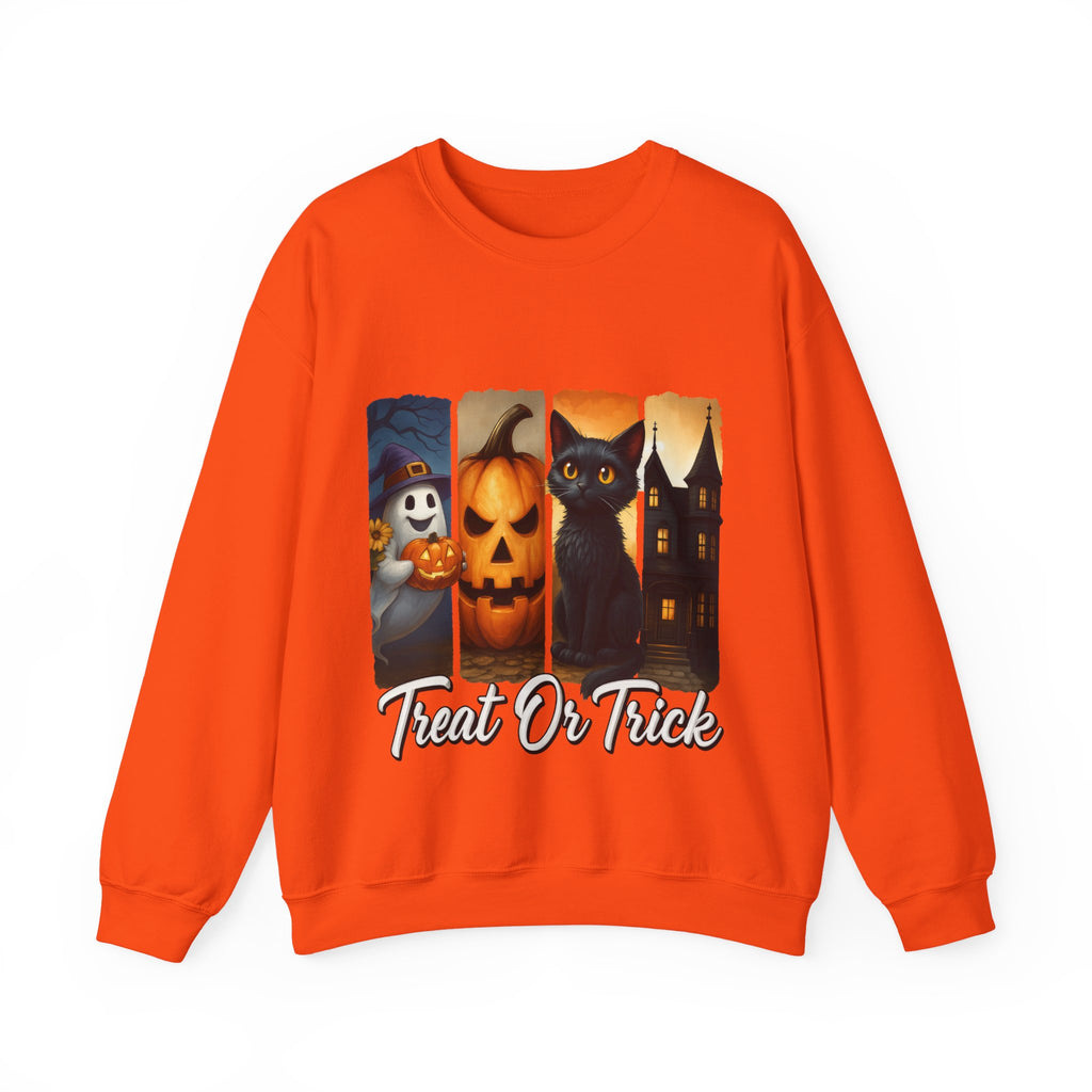 Orange sweatshirt with Halloween-themed design featuring a black cat, pumpkin, and ghost on a white background.