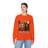 Person wearing an orange Halloween-themed sweatshirt with a pumpkin and black cat design.