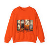 Orange sweatshirt with Halloween-themed design on a white background