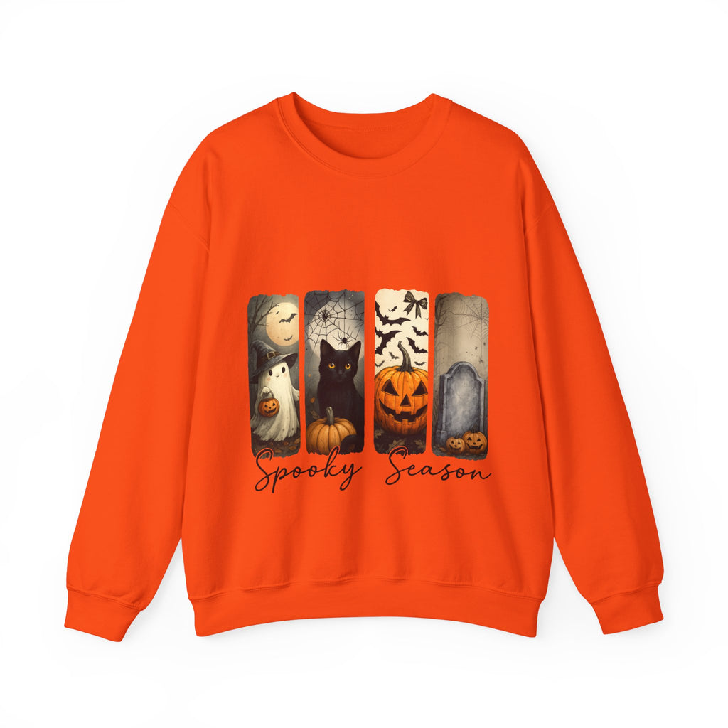 Orange sweatshirt with Halloween-themed design on a white background