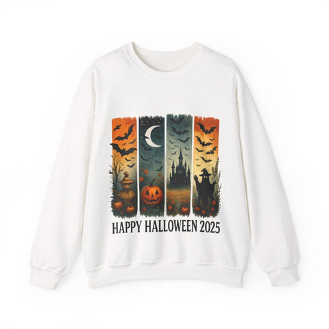 White sweatshirt with Halloween-themed design featuring pumpkins, bats, and a castle on a white background.