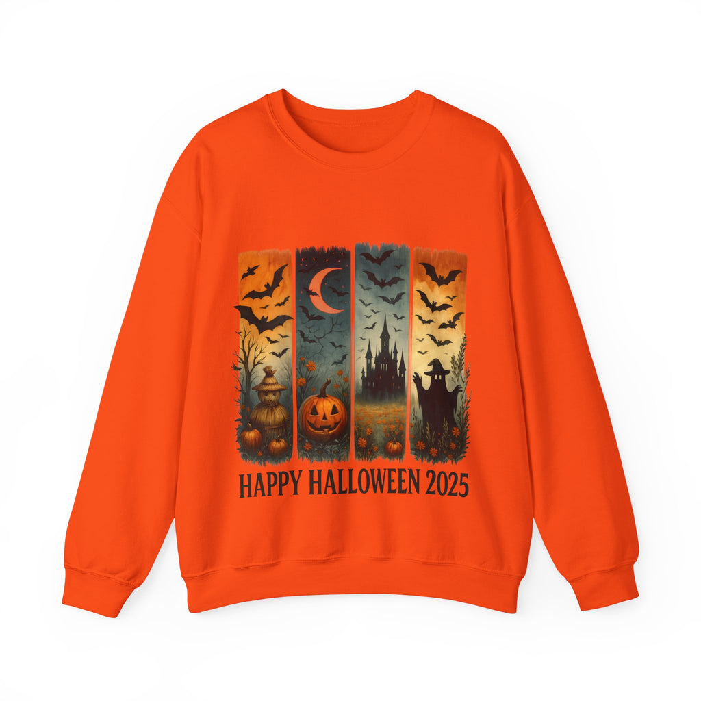 Orange sweatshirt with Halloween-themed design and 'Happy Halloween 2025' text on a white background