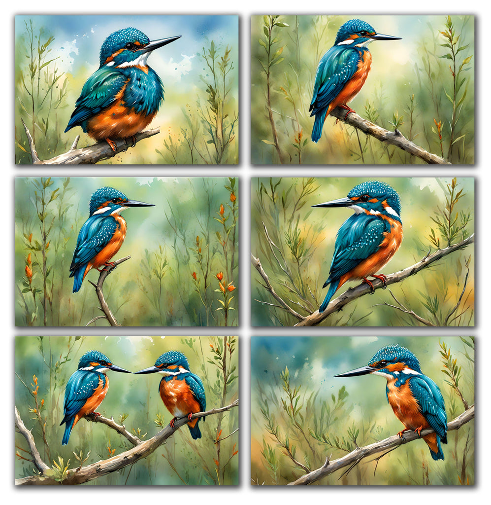 6 Handmade Kingfisher – Blank Inside – Folded 4x6 Every Occasion Cards with White Envelopes