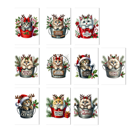 Set of Christmas-themed cards with cats in buckets and festive decorations on a white background.