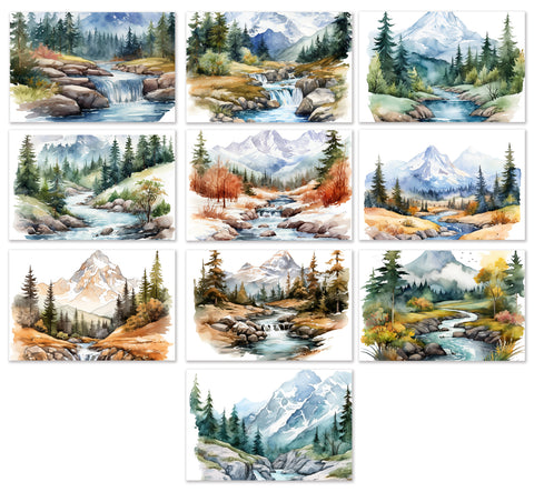 10 Handmade Mountain Streams – Blank Inside – Folded 4x6 Every Occasion Cards with White Envelopes