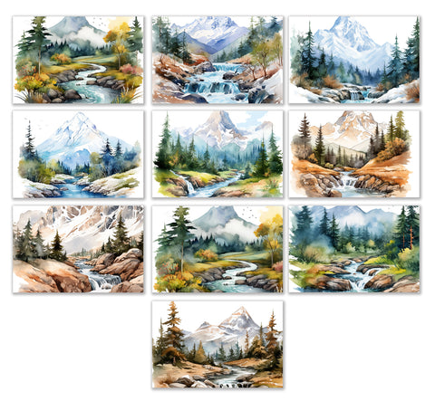 10 Handmade Mountain Streams – Blank Inside – Folded 4x6 Every Occasion Cards with White Envelopes