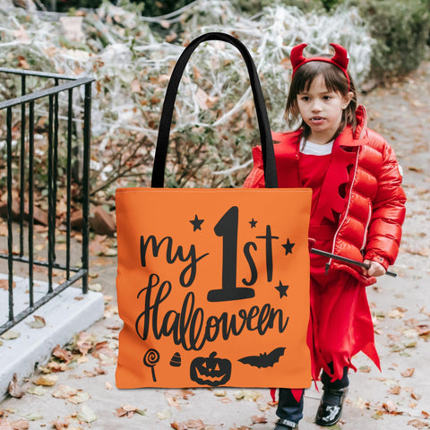 My First Halloween Trick or Treat Bag, with little girl dressed up like the devil