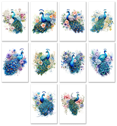 10 Handmade Peacocks – Blank Inside – Folded 4x6 Every Occasion Notecards with White Envelopes