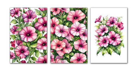 6 Handmade Pink Petunias – Blank Inside – Folded 4x6 Every Occasion Cards with White Envelopes