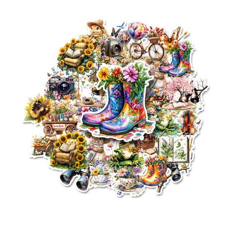 Collage of colorful stickers featuring nature, boots, and rural scenes on a white background.