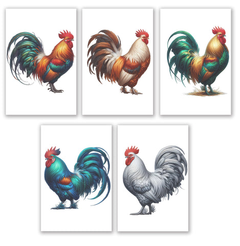10 Handmade Roosters – Blank Inside – Folded 4x6 Every Occasion Cards with White Envelopes