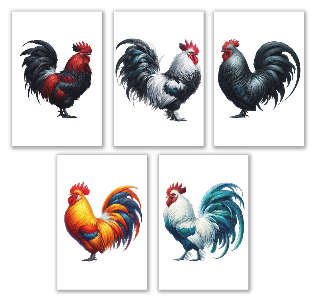 10 Handmade Roosters – Blank Inside – Folded 4x6 Every Occasion Cards with White Envelopes