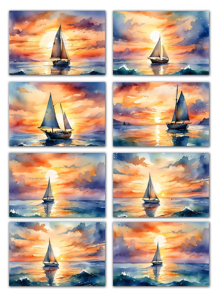 8 Handmade Sailboats – Blank Inside – Folded 4x6 Every Occasion Cards with White Envelopes