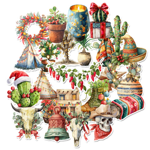 Collection of festive stickers with cacti, candles, and holiday elements on a white background