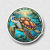 Colorful turtle illustration in a stained glass style on a gray background