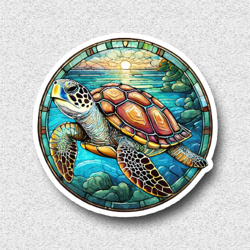 Colorful turtle illustration in a stained glass style on a gray background