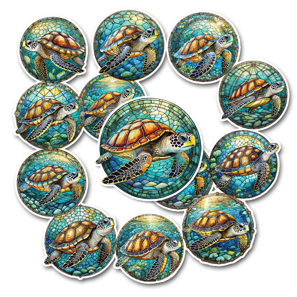 Set of colorful turtle illustrations on a white background