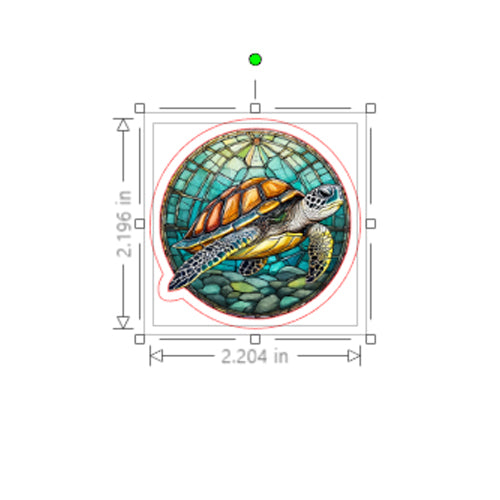 Stained glass turtle design with dimensions on a white background