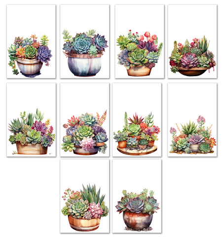 10 Handmade Succulents– Blank Inside – Folded 4x6 Every Occasion Cards with White Envelopes