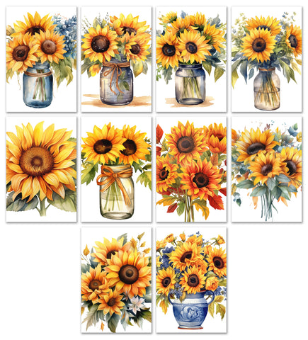10 Handmade Sunflowers – Blank Inside – Folded 4x6 Every Occasion Cards with White Envelopes
