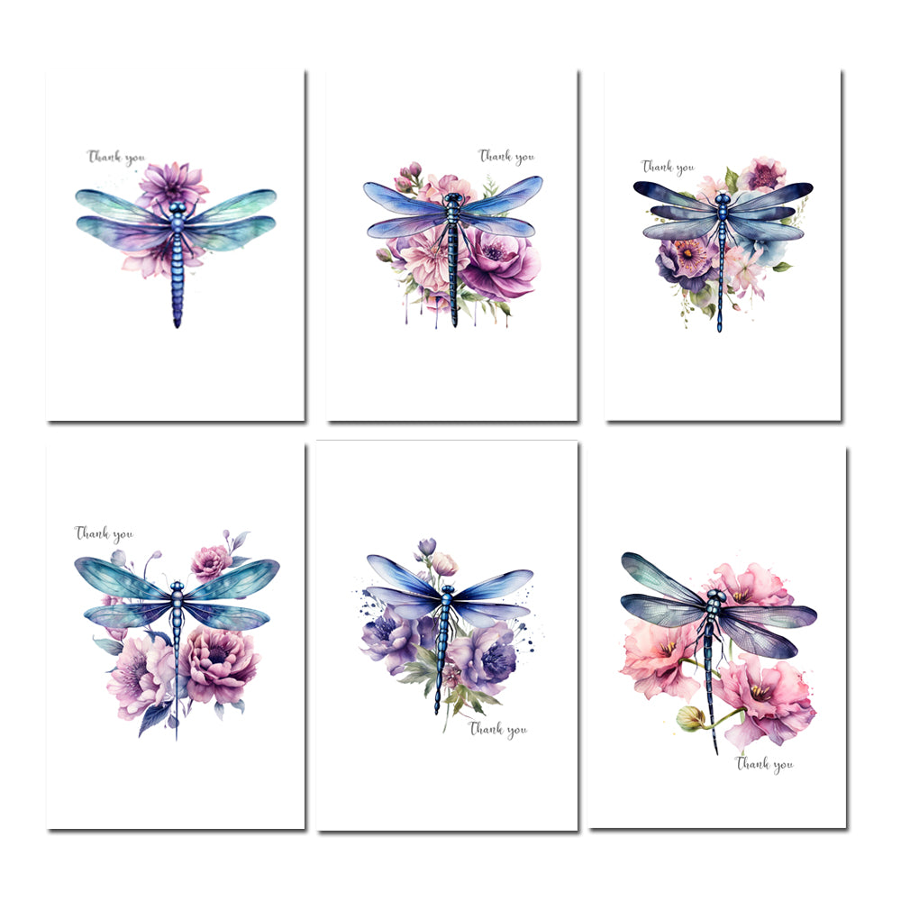 Set of six cards featuring dragonflies and flowers with 'Thank you' text on a white background.