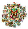 Collection of colorful Tiki-themed stickers on a white background