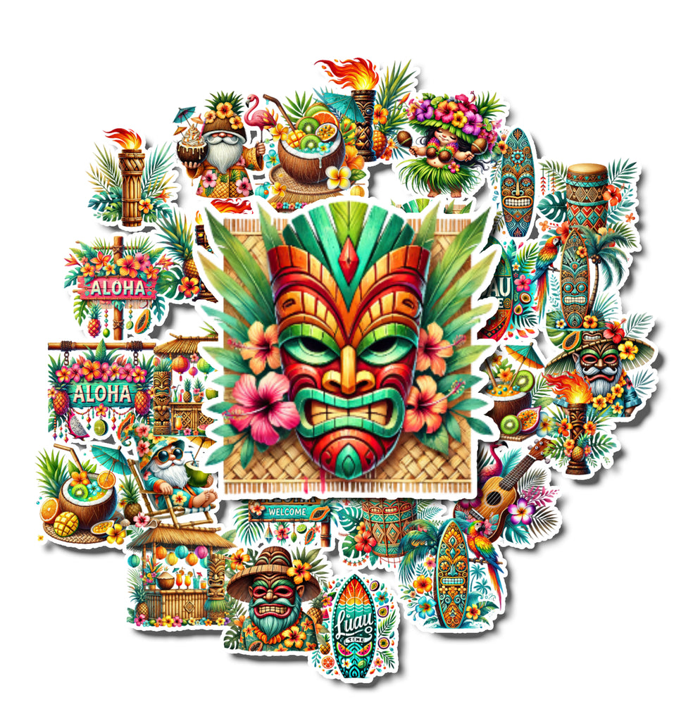 Collection of colorful Tiki-themed stickers on a white background