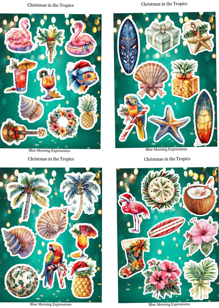 Set of Christmas-themed stickers with tropical elements on a green background.