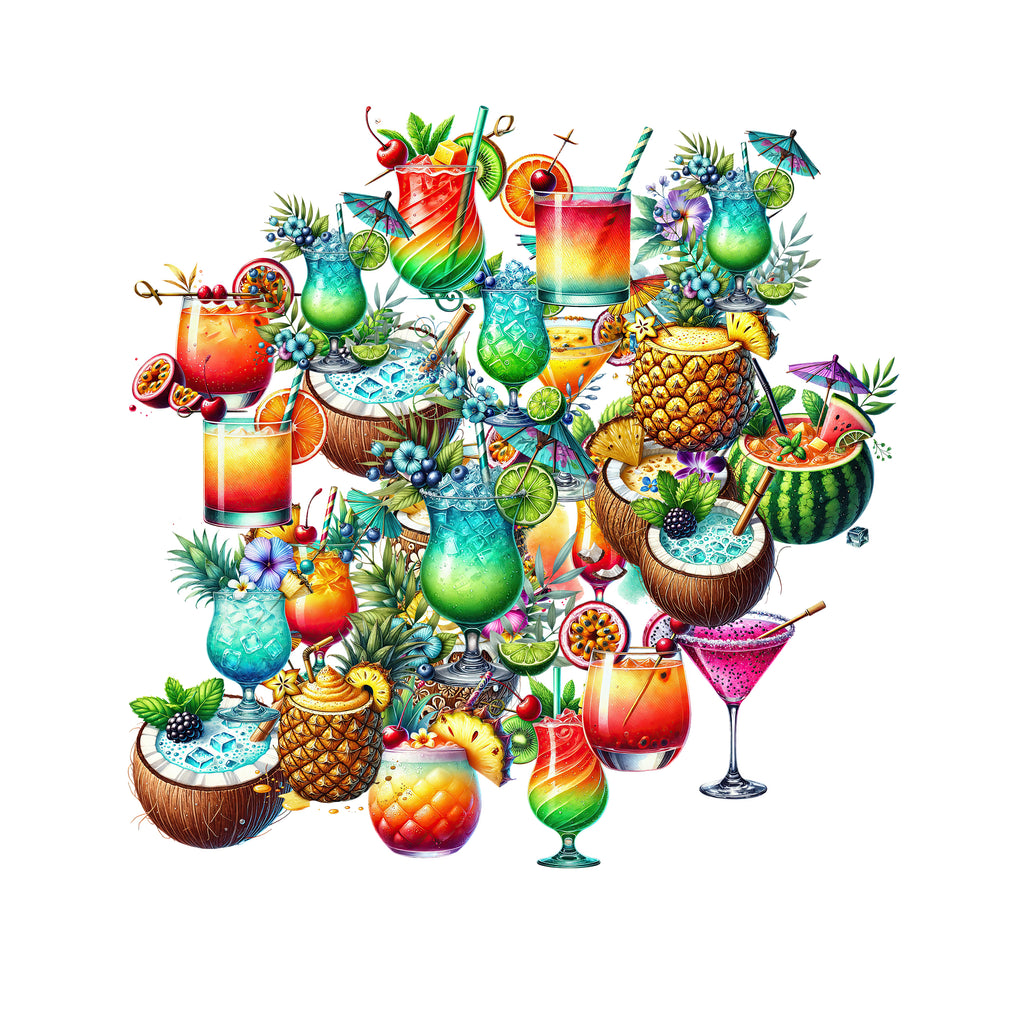 Illustration of various colorful cocktails and fruits on a white background