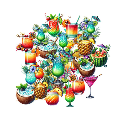 Illustration of various colorful cocktails and fruits on a white background