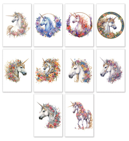 10 Handmade Unicorns – Blank Inside – Folded 4x6 Every Occasion Cards with White Envelopes