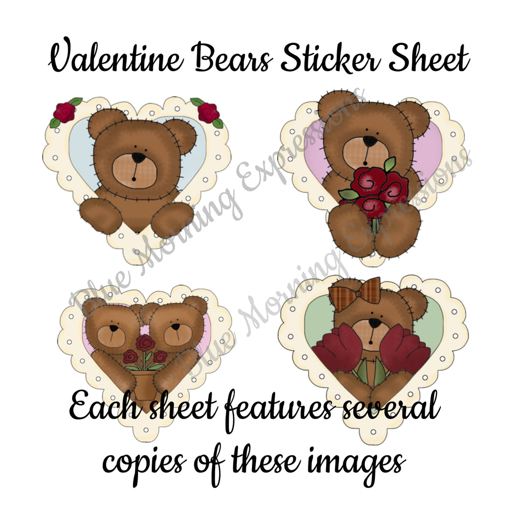 Handmade stickers with teddy bears and Valentine's Day hearts and flowers