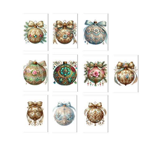 Decorative Christmas ball ornaments with intricate designs on a white background