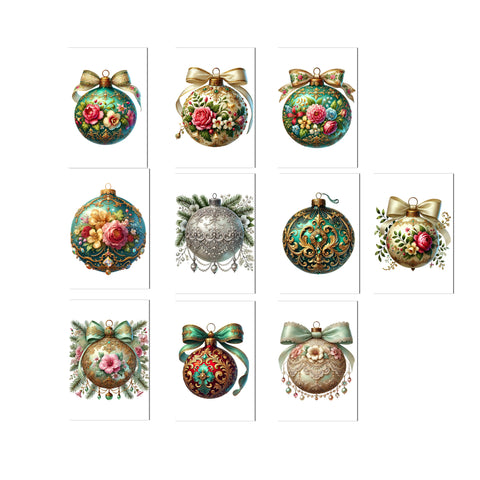 Set of decorative Christmas ornaments with floral designs on a white background
