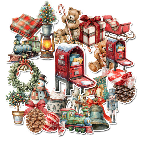 Collection of Christmas-themed stickers including a teddy bear, presents, and a mailbox on a white background.